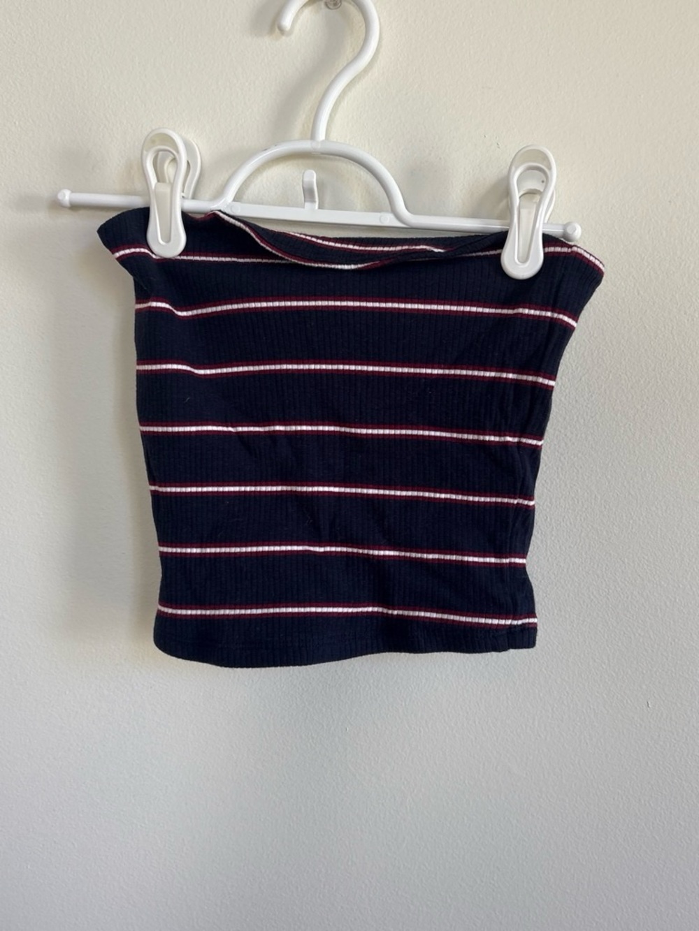 Garage Navy Ribbed Strapless Crop Top with White and Pink Stripes